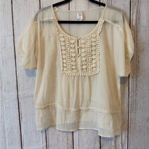 Vintage Top Cream Peasant Crochet Lace Hippy Boho 100% Cotton M Flowy blouse